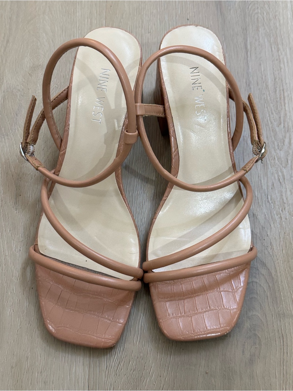Nine West Strappy Square-Toe Heels in Camel